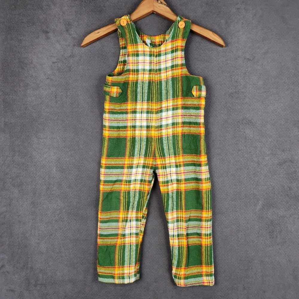 Vintage Corn Cobber Bib Overalls Kids 5 Green Yellow Plaid Retro 70s 80s Farm